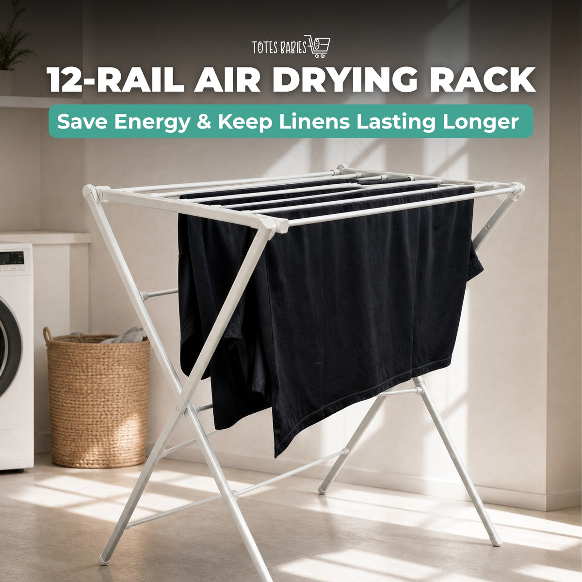 Totes Babies Premium Aluminum Foldable Air Drying Laundry Rack, Free-Standing, Easy Assembly, 12 Rails, 36-in.