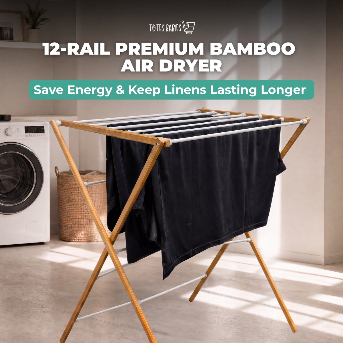 Totes Babies Premium Bamboo Foldable Air Drying Laundry Rack, Free-Standing, Easy Assembly, 12 Rails, 36-in.